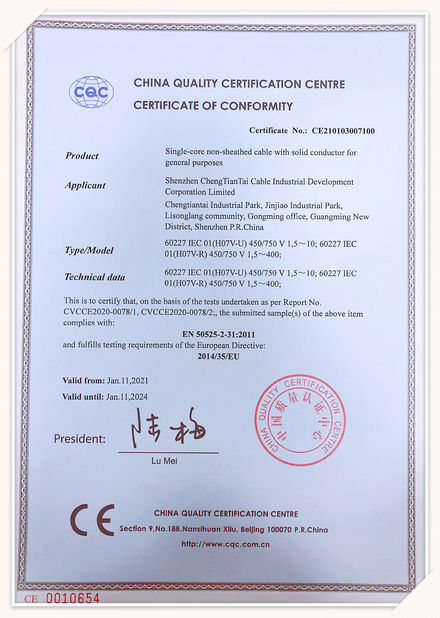CINA Shenzhen Chengtiantai Cable Industry Development Co.,Ltd Sertifikasi